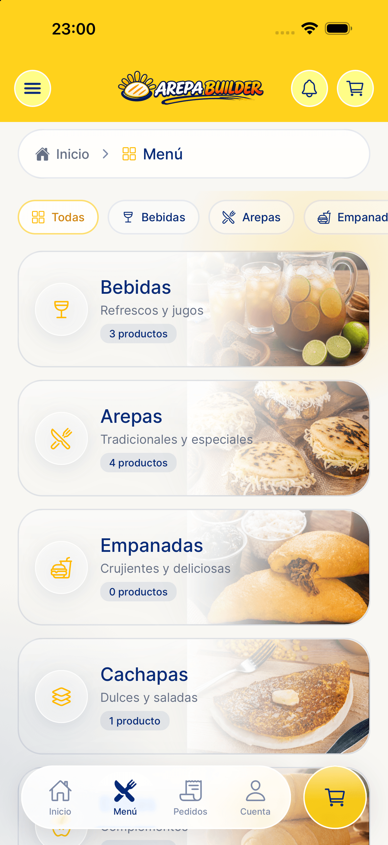Pantalla de la app con la carta por categorías