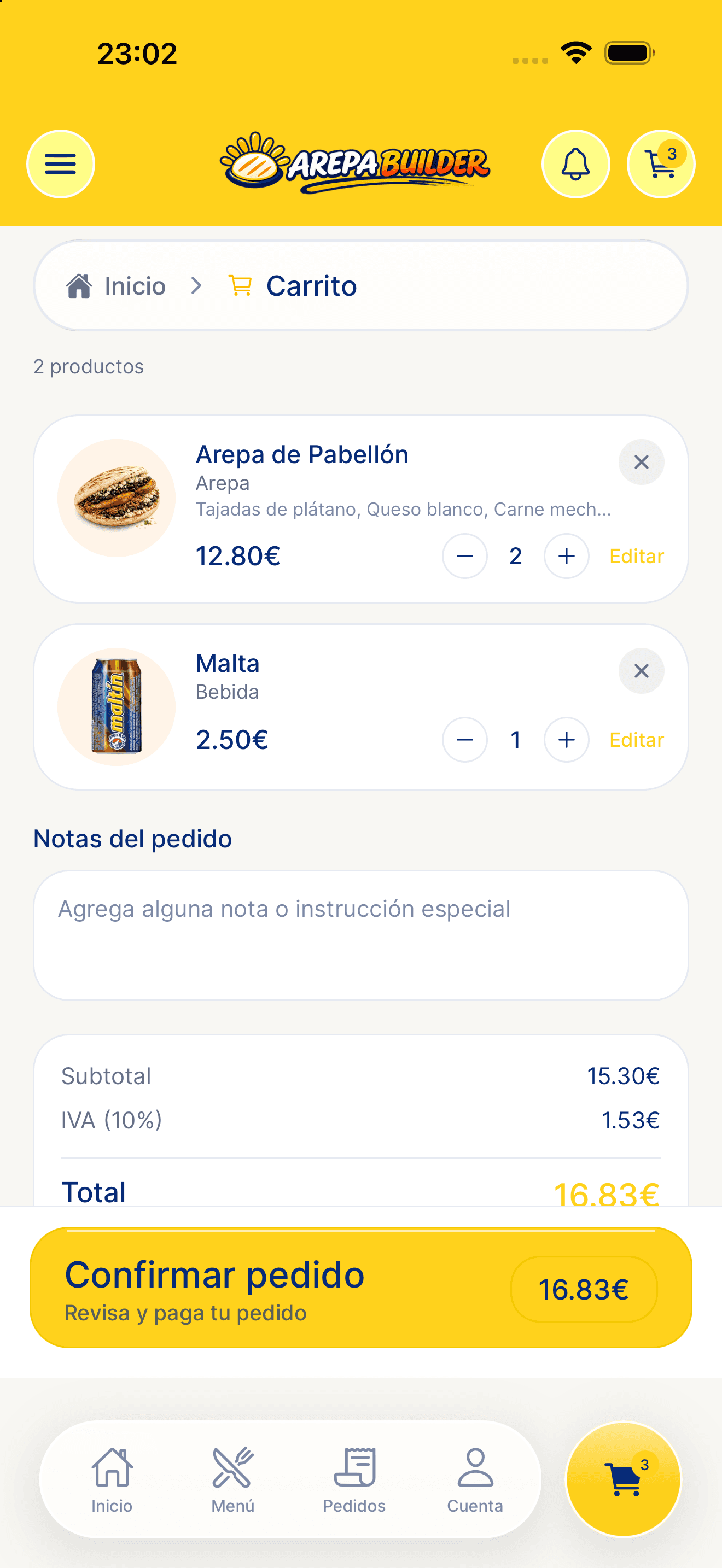 Pantalla del carrito con notas del pedido